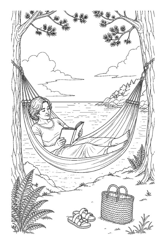 Hammock reading coloring page