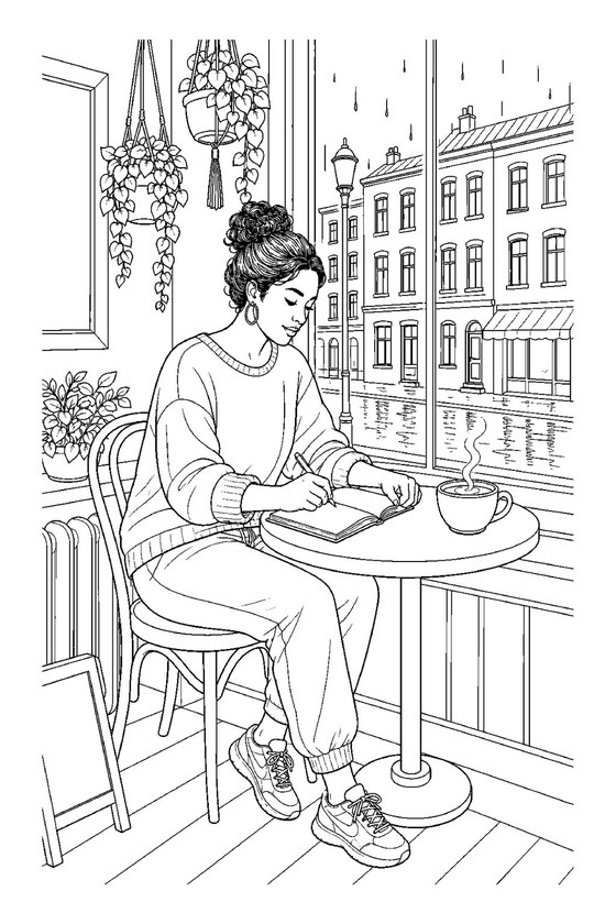 Rainy cafe window coloring page