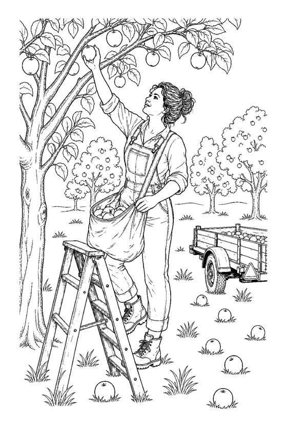 Apple picking coloring page